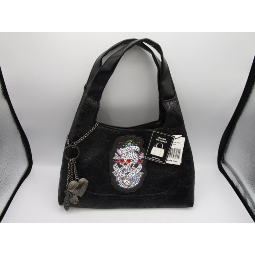Ed Hardy Love Kills Slowly Small Satchel Bag Black Rhinestone Skull Handbag